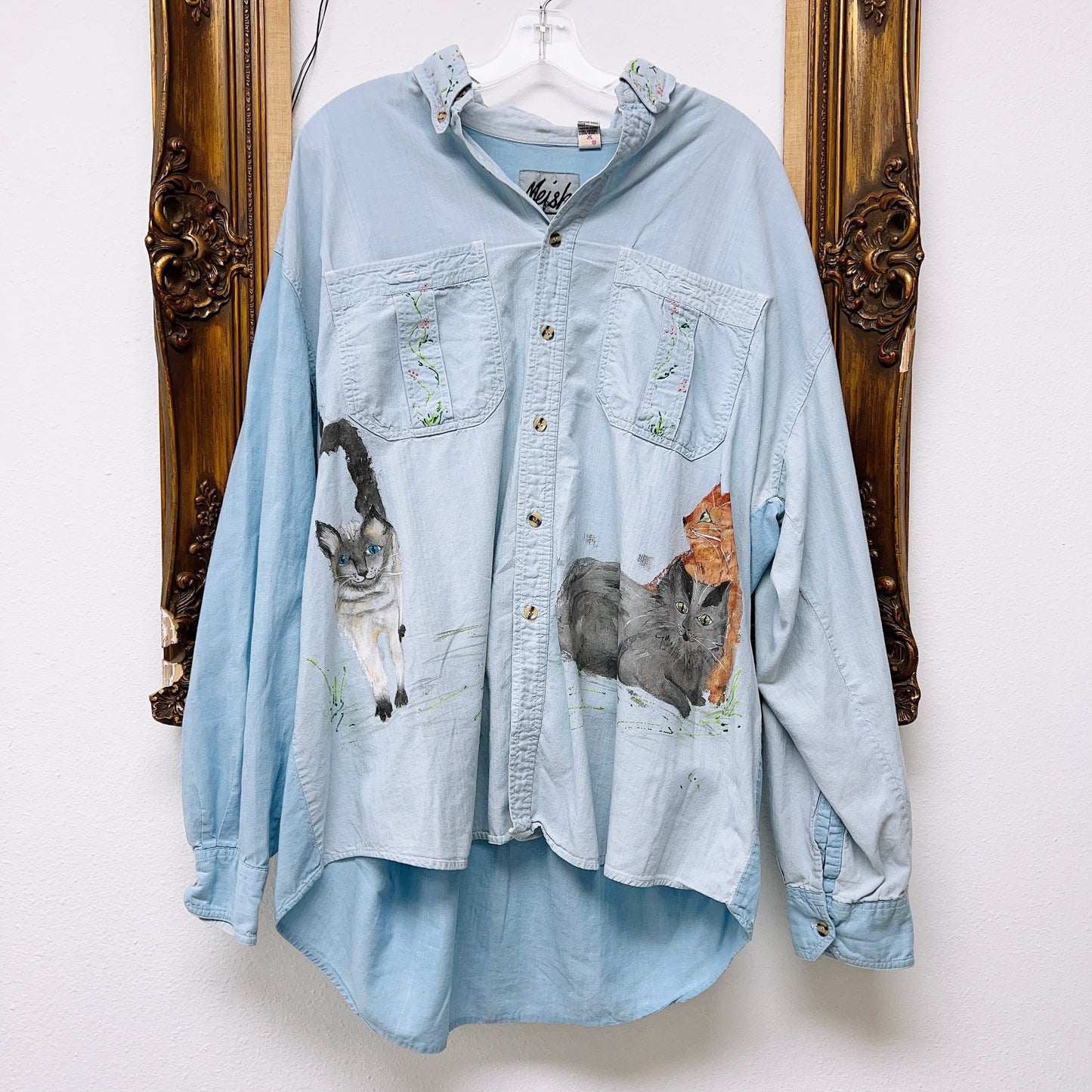 90s Hand Painted Cats Chambray Button Up