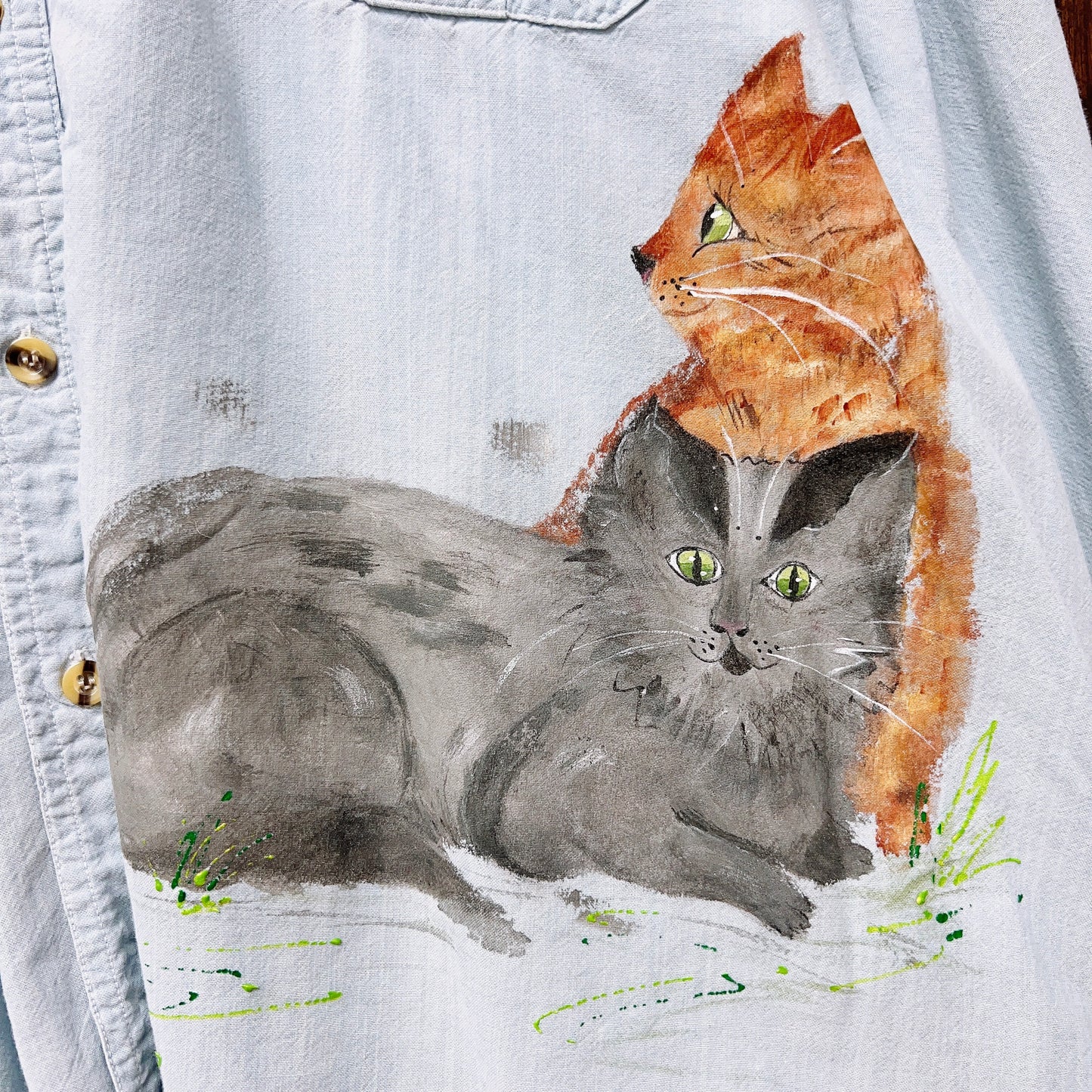 90s Hand Painted Cats Chambray Button Up