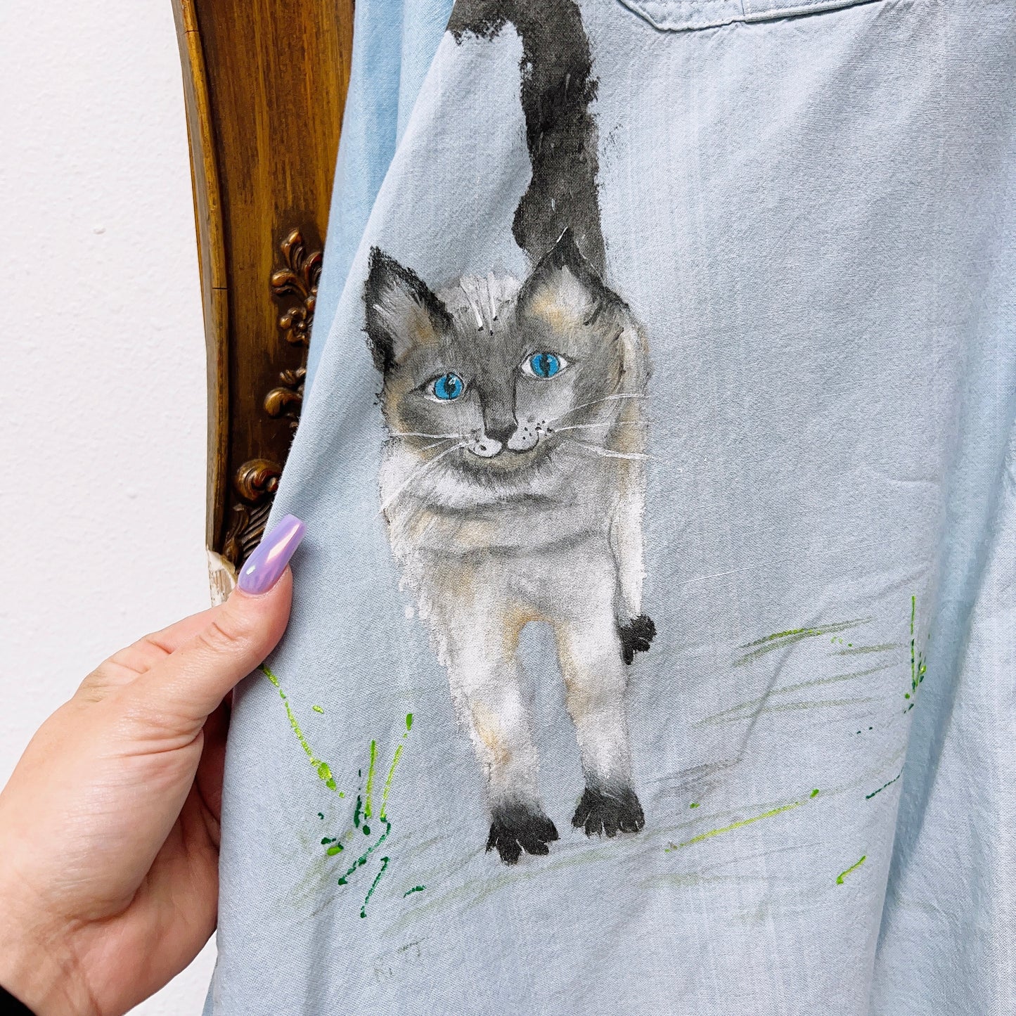 90s Hand Painted Cats Chambray Button Up